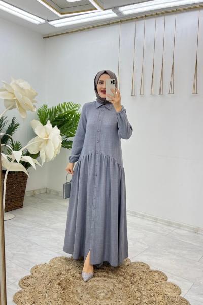Gri Yaren Keten Elbise Tesettür Giyim