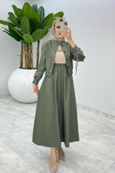 Haki Premium İclal Etek Takım Tesettür Giyim