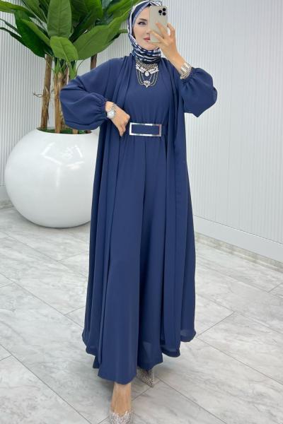 İndigo Premium Silva Tulumlu Abaya Takım Tesettür Giyim