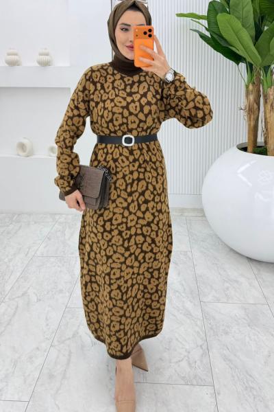 Kahve Leopar Yün Efekt Tiko Elbise Tesettür Giyim