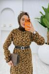 Kahve Leopar Yün Efekt Tiko Elbise Tesettür Giyim