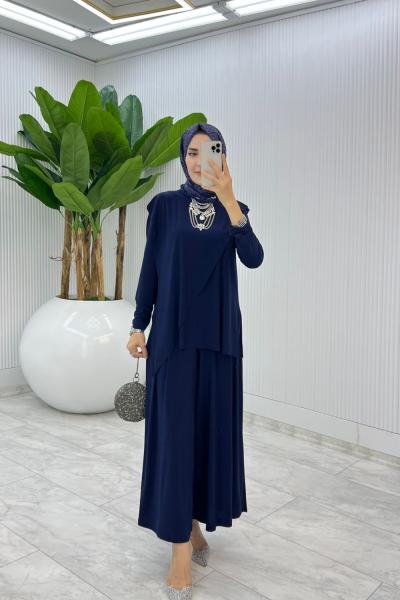 Lacivert Asimetrik Takım Tesettür Giyim