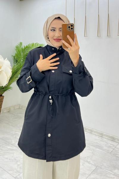 Siyah Canan Astarlı Trench Tesettür Giyim