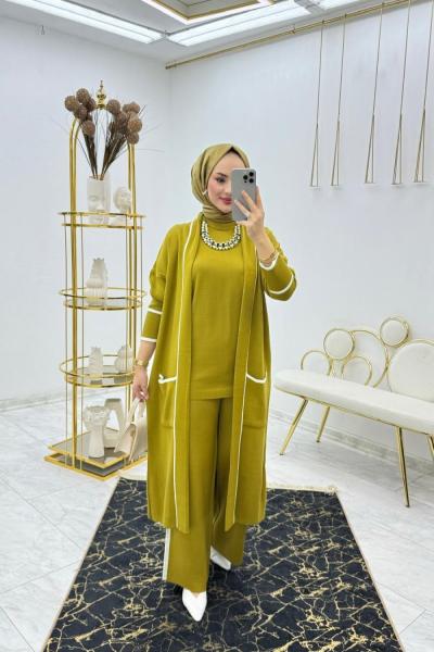 Yağ Yeşil Havva Üçlü Triko Takım Tesettür Giyim