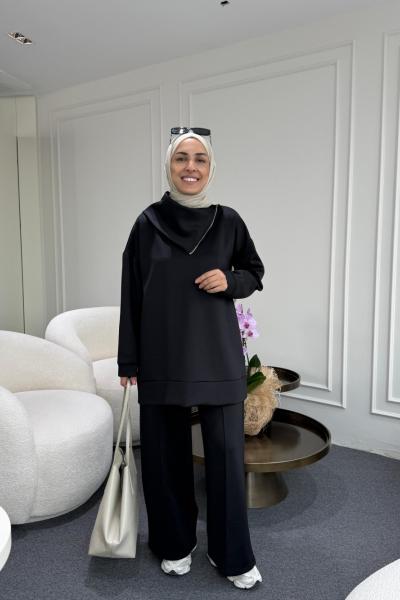 Asimetrik Yaka Scuba Takım Siyah