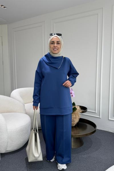 Asimetrik Yaka Scuba Takım İndigo