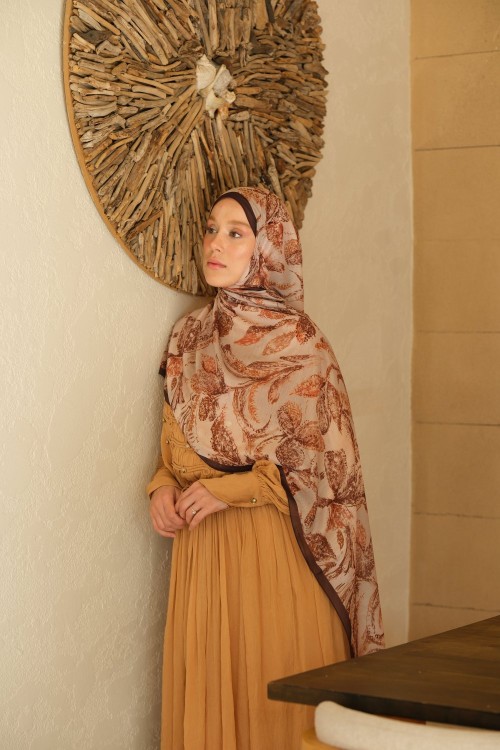 Floral Desen Soft Pamuk Şal Kahverengi