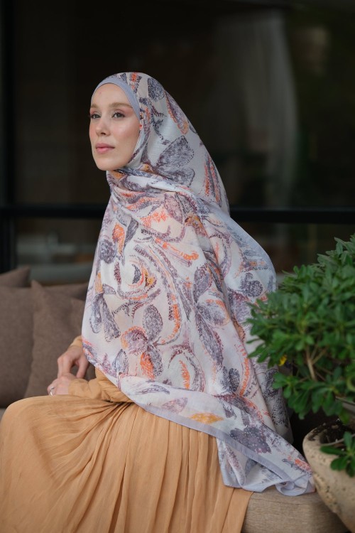 Floral Desen Soft Pamuk Şal Gri