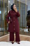 Gold Düğmeli Beli büzgülü Scuba Takım Bordo