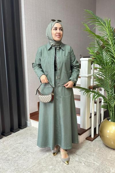 Kontrast Dikişli Kot Etekli Takım  Haki