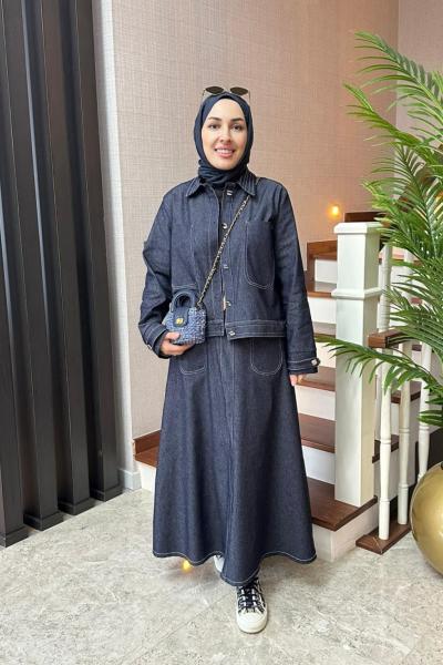 Kontrast Dikişli Kot Etekli Takım  Lacivert