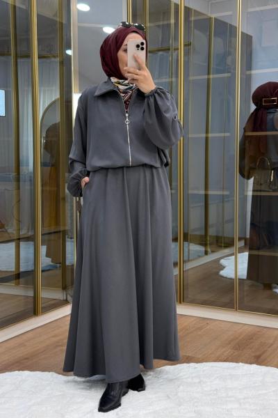 Omuzu Büzgülü Ceket Etek Takım Füme