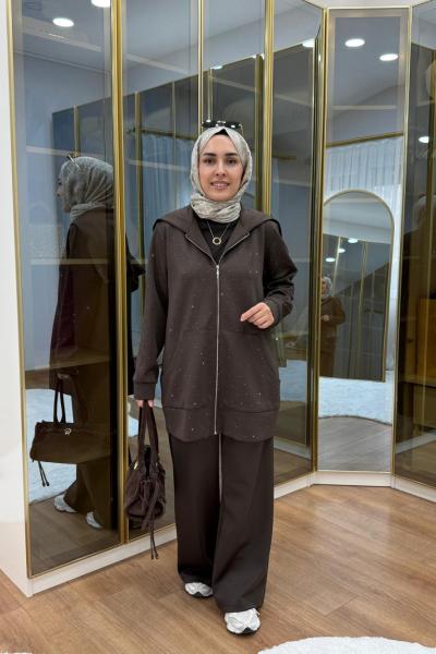 Taşlı Scuba Pantolon Takım Acı Kahve