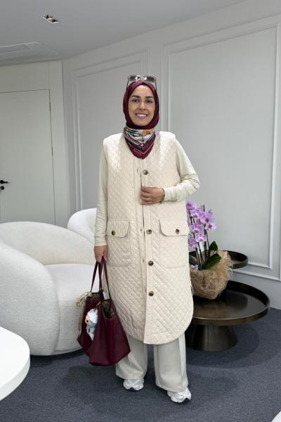 Uzun Kapitone Yelek Bej