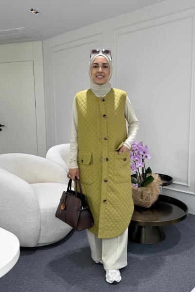 Uzun Kapitone Yelek Yağ Yeşili