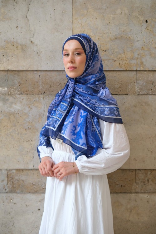 Zaya Desen Soft Pamuk Şal Lacivert