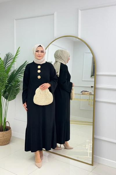 CANSU DÜĞMELİ ELBİSE - SİYAH
