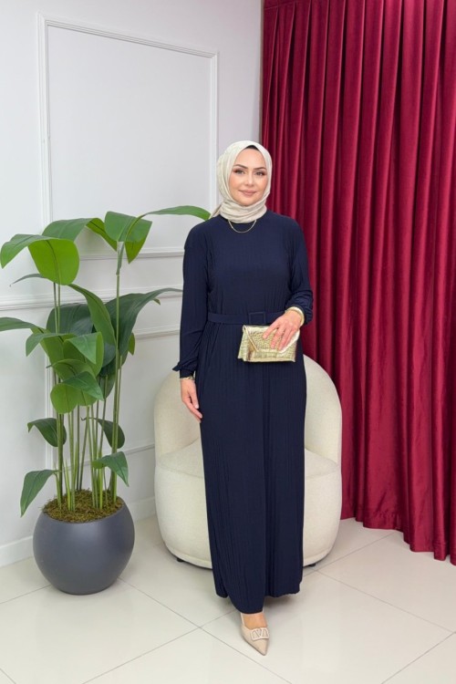 NAZLI PİLİSELİ ELBİSE - LACİVERT